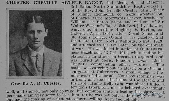 Chester G A B 2nd Lt 3rd North Staffs Regiment Obit