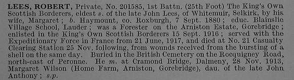 Lees R Pte 201585 1st Kings Own Scottish Borderers Obit De Ruvignys Roll Of Honour Vol 4