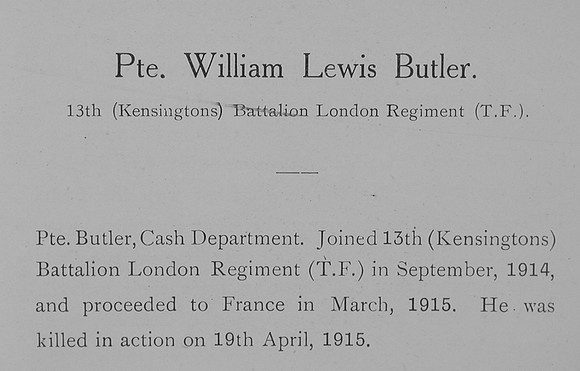 Butler W L Pte 3187 13th London Regiment Obit William Graham Company