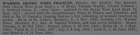 Warbis H J F Pte 241873 Queen's Own Royal West Kent Regiment Obit De Ruvignys Roll Of Honour Vol 4