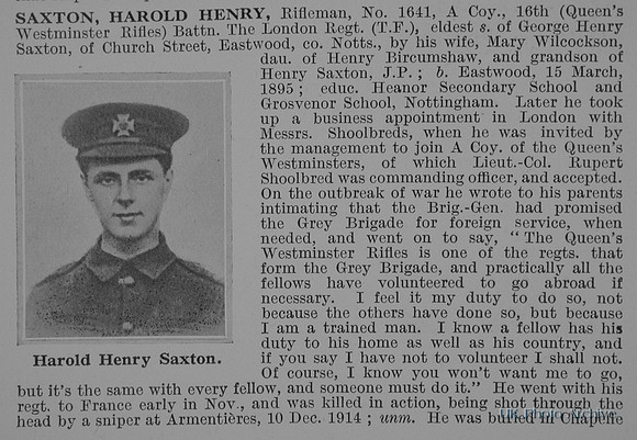 Saxton H H Rfn 1641 16th London Regiment Obit Part 1 De Ruvignys Roll Of Honour Vol 1