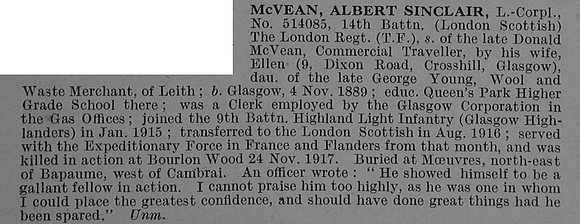 McVean A S L/Cpl 514085 14th London Regiment (London Scottish) Obit De Ruvignys Roll Of Honour Vol 4