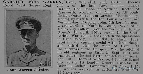 Garnier J W Captain 2nd Queens West Surrey Regiment Obit De Ruvigny's Roll Of Honour Vol 1