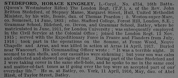 Stedeford H K LCpl 4754 16th London Regiment Obit De Ruvignys Roll Of Honour Vol 4