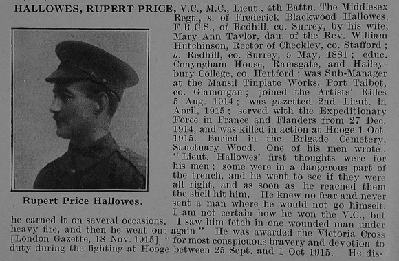 Hallowes R P Lt VC MC 4th Middlesex Regiment Obit Part 1 De Ruvignys Roll Of Honour Vol 5