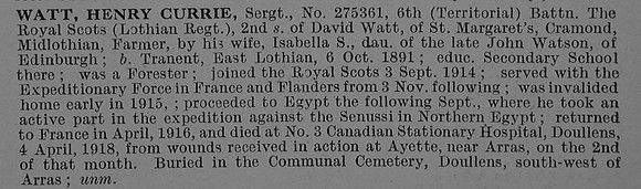 Watt C Sergt 275361 6th Royal Scots Obit De Ruvignys Roll Of Honour Vol 4