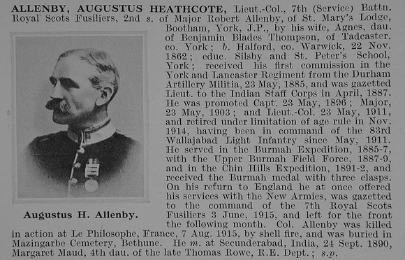 Allenby A H Lt Col 7th Royal Scots Fusiliers Obit