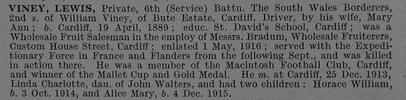 Viney L Pte 39217 6th South Wales Borderers Obit De Ruvignys Roll Of Honour Vol 4