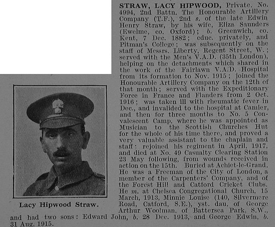 Straw L H Pte 4994 2nd Honourable Artillery Company Obit De Ruvignys Roll Of Honour Vol 3