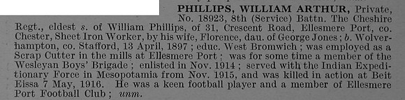 Phillips W A Pte 18923 8th Cheshire Regiment Obit De Ruvignys Roll Of Honour Vol 4