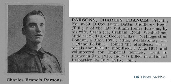 Parsons C F Pte 3769 7th Middlesex Regiment Obit De Ruvignys Roll Of Honour Vol 1
