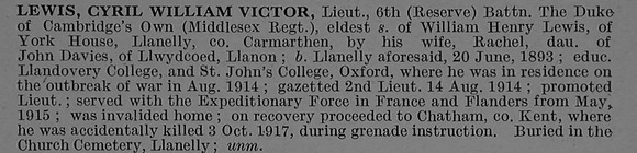 Lewis C W V Lt 6th Middlesex Regiment Obit De Ruvignys Roll Of Honour Vol 4