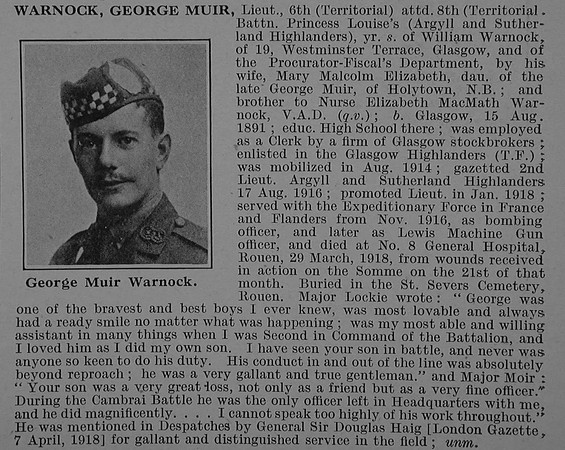 Warnock G M Lt 6th Attd 8th Argyll & Sutherland Highlanders Obit De Ruvignys Roll Of Honour Vol 4