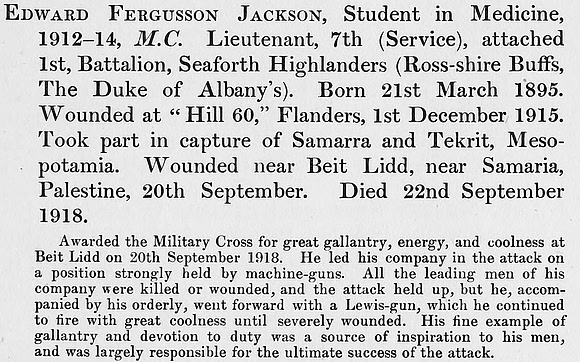 Jackson E F Lt MC 7th Seaforth Highlanders Obit St Andrews University Roll Of Honour