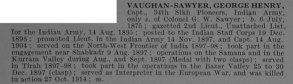 Vaughan-Sawyer G H Captain Indian Army Obit De Ruvignys Roll Of Honour Vol 4