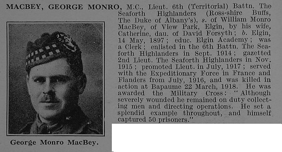 Macbey G M Lt MC 6th Seaforth Highlanders Obit De Ruvignys Roll Of Honour Vol 4