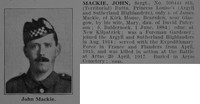 Mackie J Sergt 8th Argyll & Sutherland Highlanders  Obit De Ruvignys Roll Of Honour Vol 3