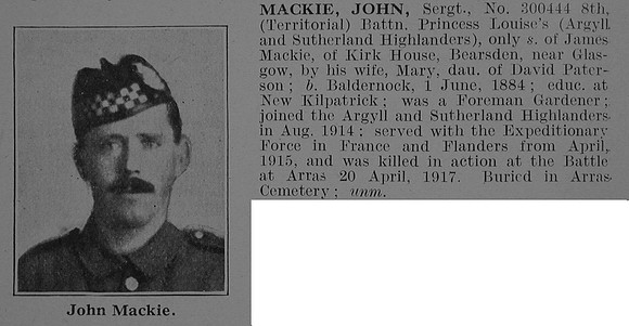 Mackie J Sergt 8th Argyll & Sutherland Highlanders  Obit De Ruvignys Roll Of Honour Vol 3