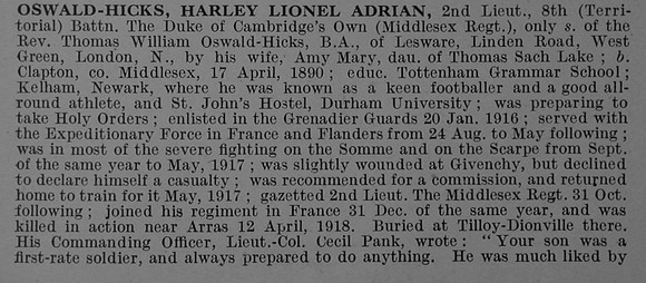 Oswald-Hicks H L A 2nd Lt 8th Middlesex Regiment Obit Part 1 De Ruvignys Roll Of Honour Vol 4