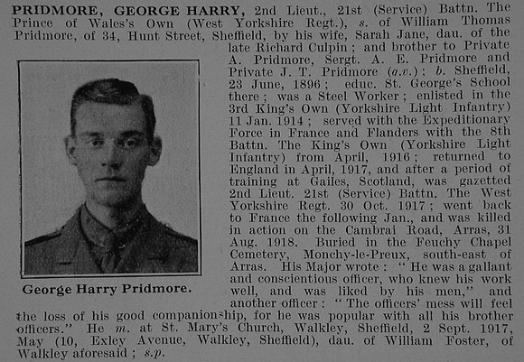 Pridmore G H 2nd Lt 21st West Yorkshire Regiment Obit De Ruvignys Roll Of Honour Vol 5
