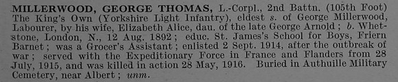 Millerwood G T L/Cpl 23305 2nd King's Own Yorkshire Light Infantry Obit De Ruvignys Roll Of Honour Vol 4