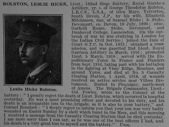 Rolston L H Lt Royal Garrison Artillery Obit De Ruvignys Roll Of Honour Vol 4