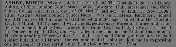 Ashby E Pte 1st Norfolk Regiment Obit De Ruvignys Roll Of Honour Vol 4