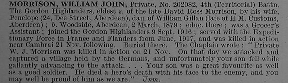 Morrison W J Pte 202082 4th Gordon Highlanders Obit De Ruvignys Roll Of Honour Vol 4