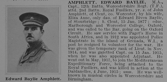Amphlett E B Captain 12th Worcestershire Regiment Obit