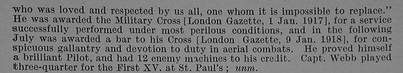 Webb N W W Captain MC Royal Flying Corps Obit Part 2 De Ruvignys Roll Of Honour Vol 4
