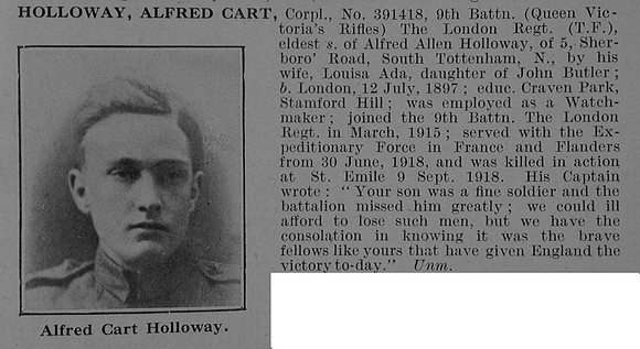 Holloway A C Cpl 39118 9th London Regiment Obit De Ruvignys Roll Of Honour Vol 5