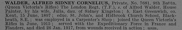 Walder A S C Pte 7681 9th London Regiment Short Obit De Ruvignys Roll Of Honour Vol 4
