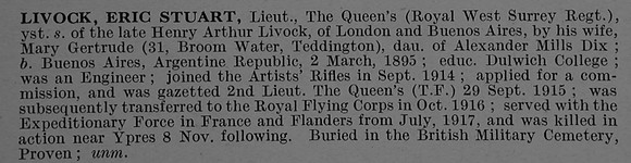 Livock E S Lt 4th The Queen's (Royal West Surrey Regiment) Attd Royal Flying Corps Obit De Ruvignys Roll Of Honour Vol 4
