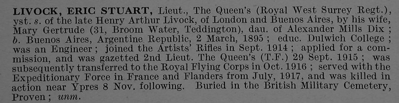 UK Photo And Social History Archive: L &emdash; Livock E S Lt 4th The Queen's (Royal West Surrey Regiment) Attd Royal Flying Corps Obit De Ruvignys Roll Of Honour Vol 4