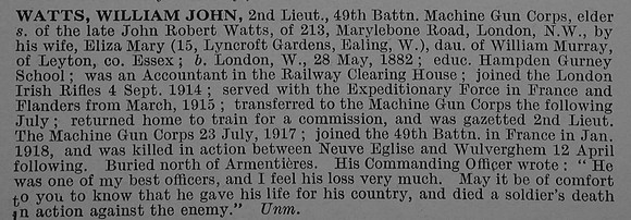 Watts W J 2nd Lt Machine Gun Corps Obit De Ruvignys Roll Of Honour Vol 4