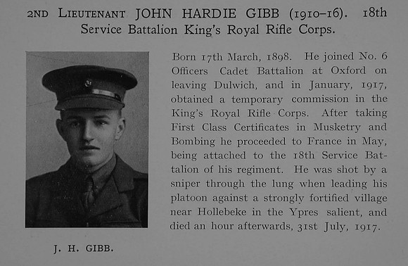 Gibb J H 2nd Lt 18th Kings Royal Rifle Corps Obit Dulwich College Roll Of Honour
