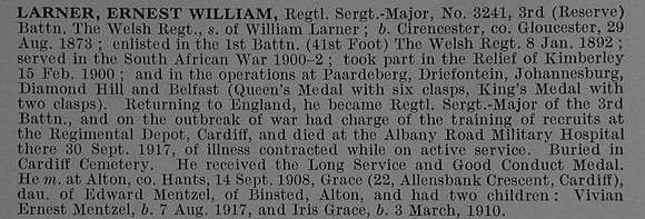 Larner E W Regt Sergt Major 3241 3rd Welsh Regiment Obit De Ruvignys Roll Of Honour Vol 4