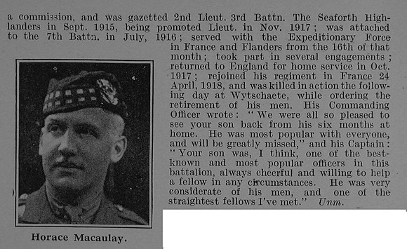 Macaulay H Lt 3rd Attd 7th Seaforth Highlanders Obit Part 2 De Ruvignys Roll Of Honour Vol 4