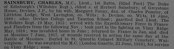 Sainsbury C Lt MC 1st Wiltshire Regiment Obit De Ruvignys Roll Of Honour Vol 4