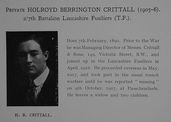 Crittall H B Pte 38812 7th Lancashire Fusiliers Obit Dulwich College Roll Of Honour