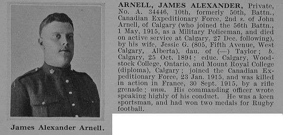 Arnell J A Pte 34446 10th Canadian Expeditionary Force Obit