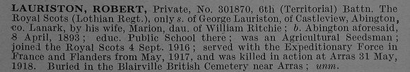 Lauriston R Pte 301870 6th Royal Scots Obit De Ruvignys Roll Of Honour Vol 4