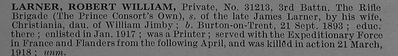 Larner R W Pte 31213 3rd Rifle Brigade Short Obit De Ruvignys Roll Of Honour Vol 4