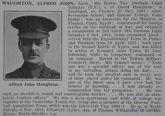Haughton A J Lt 9th Durham Light Infantry Obit De Ruvignys Roll Of Honour Vol 2