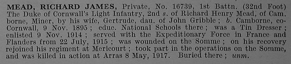 Mead R J Pte 16739 1st Duke Of Cornwalls Light Infantry Obit De Ruvignys Roll Of Honour Vol 4