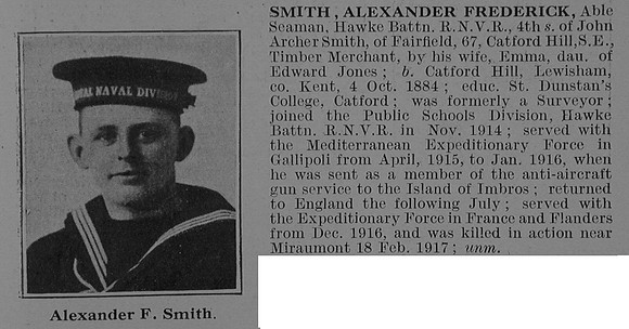 Smith A F AB Hawke Battalion Royal Naval Volunteer Reserve Obit De Ruvignys Roll Of Honour Vol 3