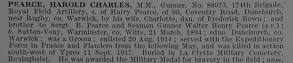 Pearce H C Gnr MM 88973  Royal Field Artillery Obit De Ruvignys Roll Of Honour Vol 4