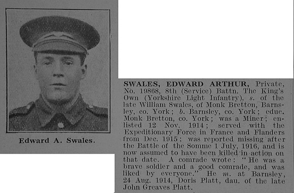 Swales E A Pte 19868 8th King's Own Yorkshire Light Infantry Obit De Ruvignys Roll Of Honour Vol 3