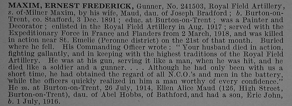 Maxim E F Gnr 241503 Royal Field Artillery Obit De Ruvignys Roll Of Honour Vol 4