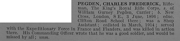 Pegden C F Rfn 611006 1st King's Royal Rifle Corps Obit De Ruvignys Roll Of Honour Vol 4